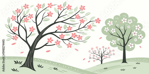 a group of trees with pink and white blossoms on a green hill Vector