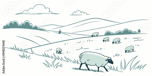 a sheep grazing in a field with hills Vector
