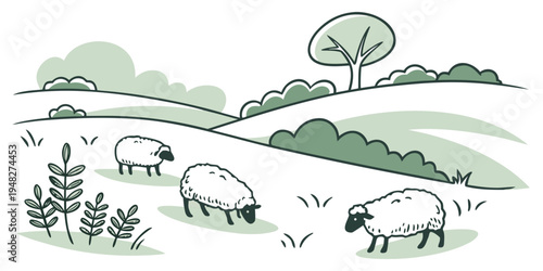 Three sheep grazing peacefully in a green landscape Vector
