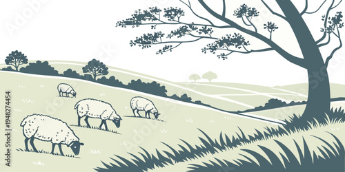 sheep grazing in a green field under a tree Vector