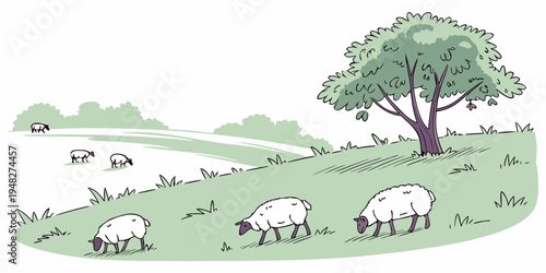 sheep grazing in a green meadow under a tree Vector