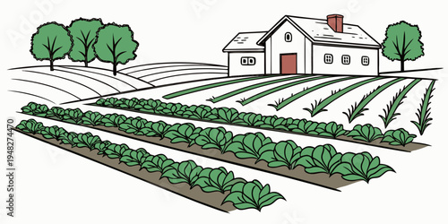 a white house with a red door and chimney on a farm with crops and trees Vector