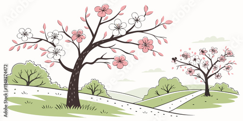 a drawing of two trees with pink blossoms on a grassy area Vector