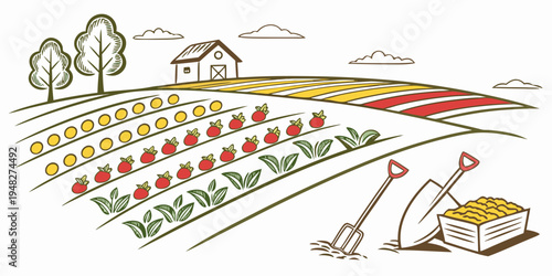 a farm field with flowers and a house Vector