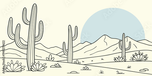 a desert landscape with cacti and mountains Vector