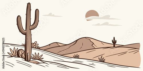 a desert landscape with a cactus and mountains Vector