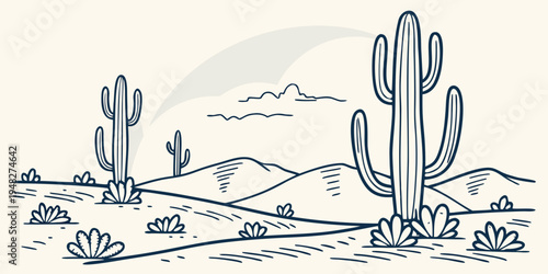 a desert landscape with cacti and mountains Vector