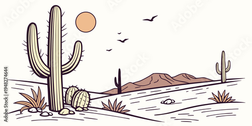 a desert landscape with cacti and a sun Vector