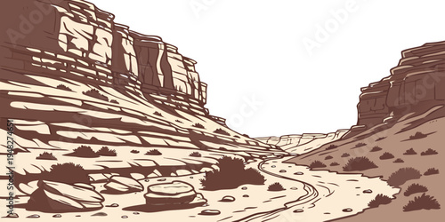 a desert canyon with a winding road through it Vector