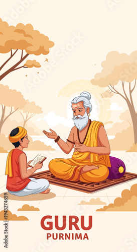 Guru Purnima Celebration Featuring a Guru Teaching a Student in a Traditional Indian Setting with Trees and Sunlight