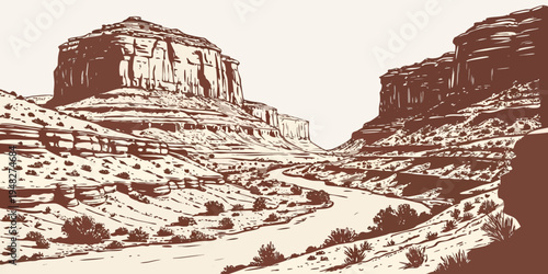 a brown illustration of a desert landscape with rock formations Vector