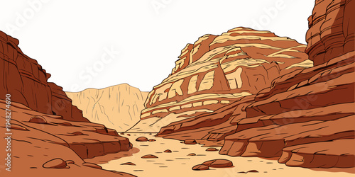 a desert canyon with sand and rocky cliffs Vector