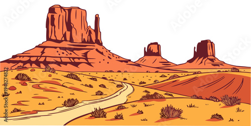 a desert landscape with a dirt road and rock formations Vector