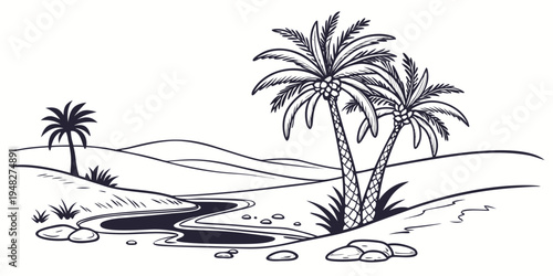 a black and white drawing of two palm trees on a sandy beach Vector