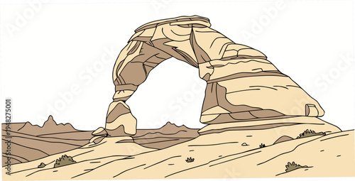 a large rock arch in the desert landscape Vector