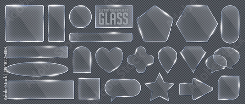 Transparent 3d glass shape, icon and mobile screen for web, app and smartphone interface. Crystal mirror or plastic heart, star, speech bubble and arrow with holographic texture. Futuristic background