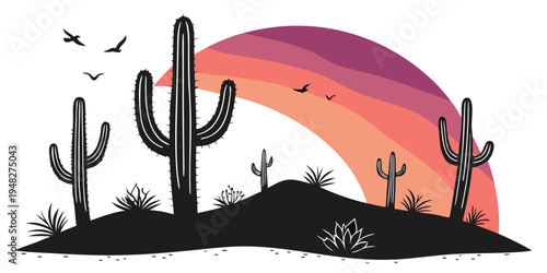 a desert landscape with cacti and a rainbow Vector