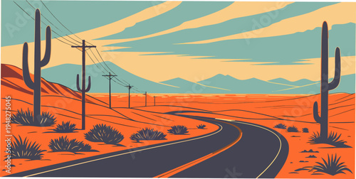 a desert road with cacti and mountains in the background Vector