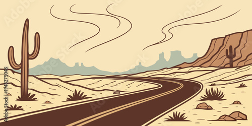 a desert road with a cactus and a mountain Vector