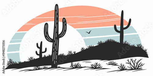 a desert landscape with cacti at sunset Vector