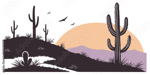 a desert landscape with cacti at sunset Vector