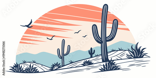 a desert landscape with cacti at sunset Vector