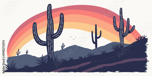 a desert landscape with cacti under a colorful rainbow Vector