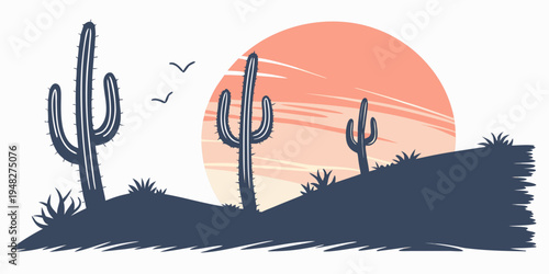 a desert landscape with cacti at sunset Vector