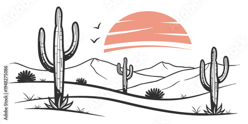 a desert landscape with cacti and a sunset Vector