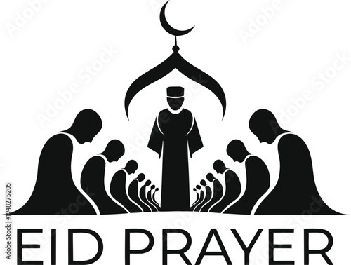 Minimal Muslim Eid prayer gathering silhouette with imam leading worshippers in open field, mosque dome and crescent moon vector illustration