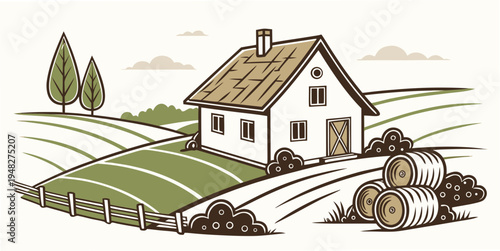 a white house with a brown roof and a tractor in the yard Vector