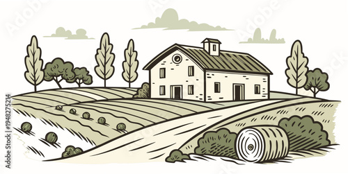 a large house with a garden and trees Vector