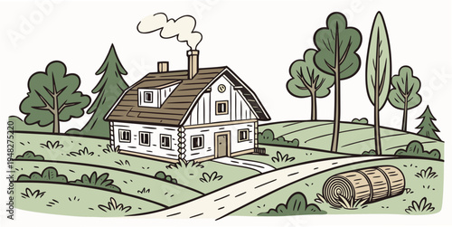 a white house with a brown roof on a green hill Vector