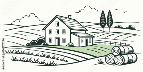a house on a farm with fields and trees Vector