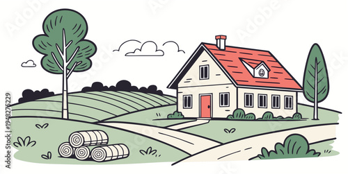 a house with a red roof and a winding driveway Vector