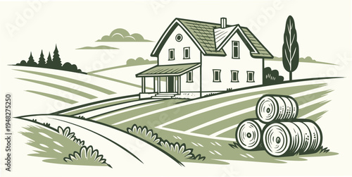 a large house with a green roof and a tractor in a field Vector