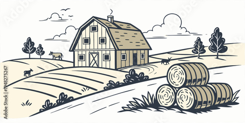 a large barn with a haystack in a rural field Vector