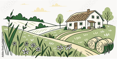 a white house with a brown roof sits on a grassy hill Vector