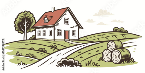 a white house with a red roof on a green hill Vector