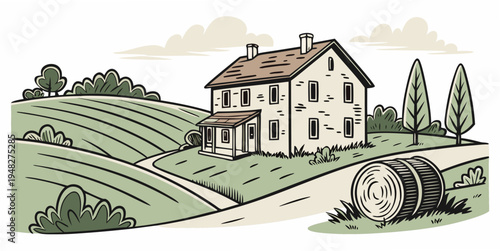 a large house on a hillside with a wagon in front Vector