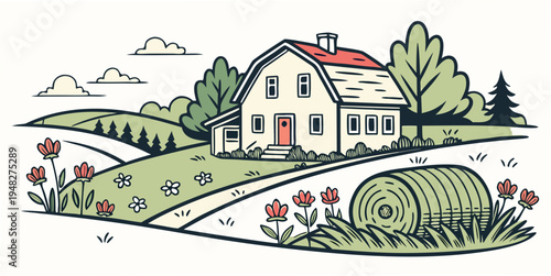 a house with a red roof and a garden Vector