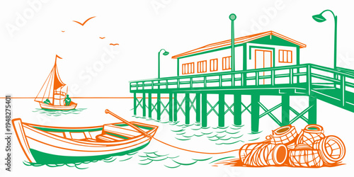 a pier with a boat and a bicycle Vector