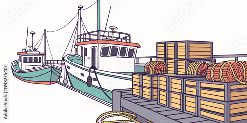 a boat is docked next to a cargo container filled with crates of seafood Vector