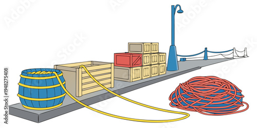 a coil of blue and yellow rope next to a pile of wooden pallets and boxes Vector