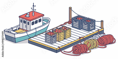 a boat with a red roof and a large fishing net on the deck Vector