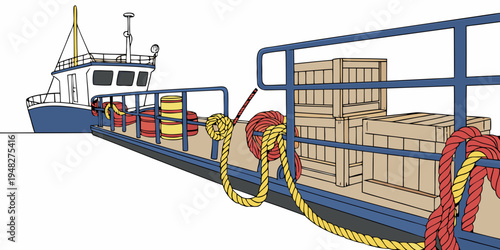 a blue and white cargo ship transporting wooden crates Vector