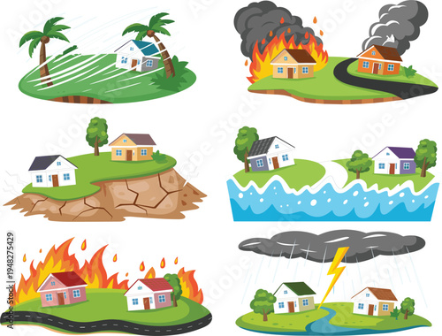 Natural Disaster Illustration Set Featuring Earthquake Flood Wildfire Hurricane Tsunami and Storm with Burning House Vector