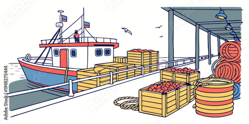 a boat is docked next to a pile of lobster traps Vector