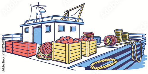 a cartoon image of a boat with crates and equipment on deck Vector