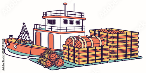 a large cargo ship carrying wooden crates on the water Vector